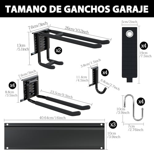 Miniatura 2 de 3-H Gancho Organizador Herramientas Pared, Ganchos De Pared Para Garaje Acero Inoxidable Soporte Almacenamiento Con 14 Ganchos, 3 Rieles Deslizantes, Tornillos Para Garaje Jardín Negro