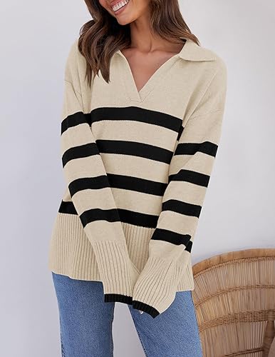 ZESICA Women's 2025 Fall Winter Sweaters Lapel V Neck Long Sleeve Striped Chunky Knit Oversized Pullover Sweater Jumper Tops3