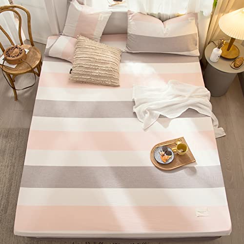 Breathable Mattress Protector,Comfortable Pure Cotton Solid Color Deep Pocket Fitted Sheet,Bedroom Homestay Checkered Mattress Protector,Stripe,120 * 200Cm+25Cm #TOP1