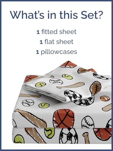 Image of Kids Twin Size Sports Bed Sheets - 3 Piece Kids Sports Sheet Set | Sports Themed Bedding, Ultra-Soft, Cute & Cozy, Breathable & Machine Washable, Kids Bed Set for Boys, Girls, Teens & Toddlers