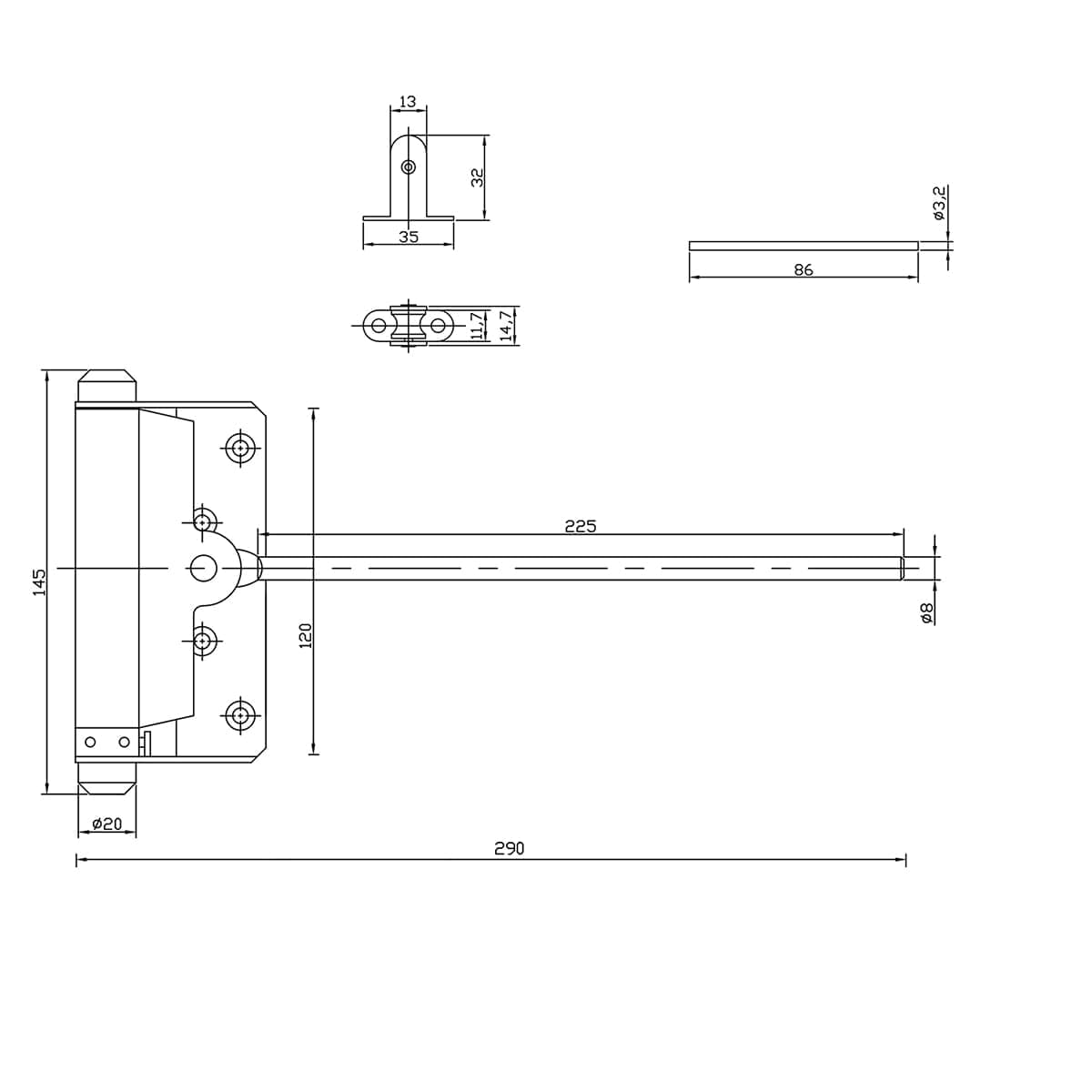 MS Beschläge Stangentürschließer aus Stahl verzinkt bis 60 kg – mechanischer Türschließer mit Stange, einstellbare Federkraft - für Innen- & Außentüren & Gartentore - Türfeder DIN links & rechts