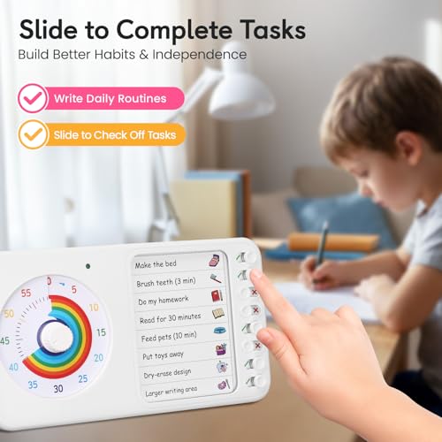 Image of 2-in-1 Visual Timer with Task Board for ADHD & Autism, Dry Erase Chore Chart and Visual Schedule for Kids & Adults, Rainbow Countdown Timer for Classroom, Home, Homeschool (White)