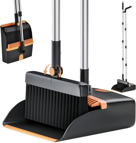 Image of Broom and Dustpan Set, Cleaning Supplies Broom and Dustpan Set for Home, Long Stainless Steel Handle Brooms with Upright Dustpan Combo Set for Home Office Kitchen Lobby Floor Cleaning