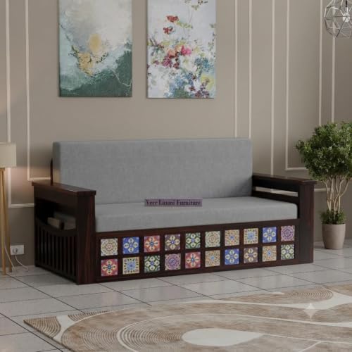 Image of Wooden Sofa Cum Bed for Living Room | Convertible Sofa Bed with Storage | 3 Seater Foldable Sleeper Sofa | Solid Wood Pull Out Sofa Bed with Mattress for Home & Guest Room (Walnut, Mary)