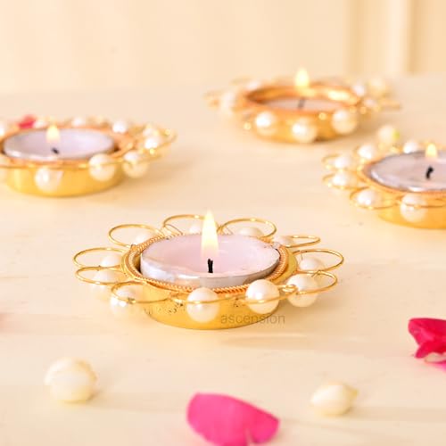 Image of Ascension Tealight Candle Holder Set of 4 Pearl Decorative Metal Diyas Tea Light Candles Holder Diya for Diwali Decor for Home Navratri Temple Festive Gift for Diwali Weddings & Housewarming