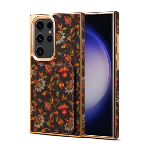 Coque Samsung S23 FE en cuir antichoc de luxe avec support fleur noir