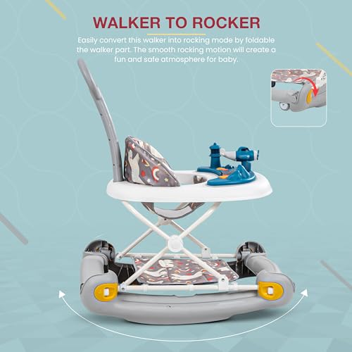 Image of Baybee 3 in 1 Staffy Baby Walker With Rocker & Push Handle - 3 Adjustable Heights, Mat & Musical Toy Bar for Kids 6-18 Months (Grey)