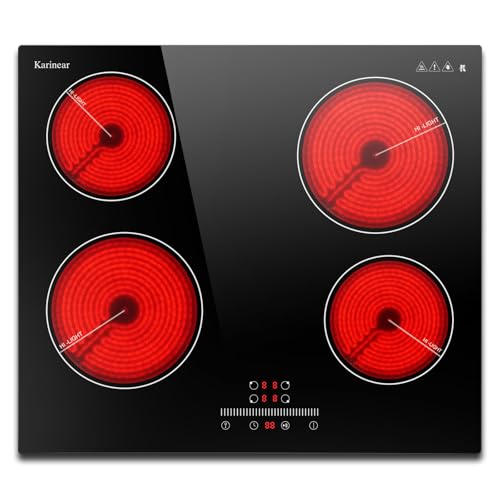 Karinear Glaskeramikkochfeld 4 Platten Einbau, Elektrokochfeld 60 cm mit Slider, Touch-Steuerung, Keramikochfeld 4 Zonen mit Kindersicherung, Timer, Pause & Go, 6000W, 220V-240V, Kein Stecker