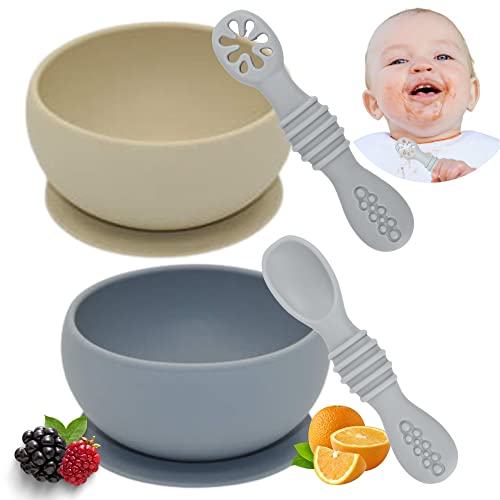 HappyDoo - 2 Bol Bebe + Cuillere Bebe + Cuillere Bebe Apprentissage - Assiette Ventouse pour Bébé Sans BPA - Bol Ventouse pour Bébé en Silicone - Bol Enfant et Cuillere bebe 1er Age