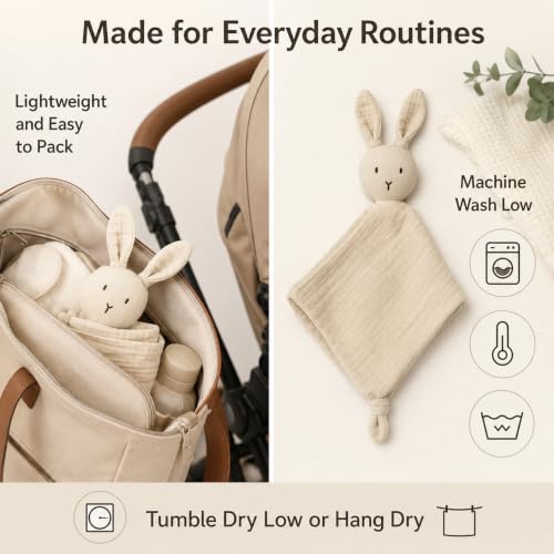 Image of ZIGJOY Muslin Bunny Lovey, Lightweight Cotton Security Blanket, Khaki | Soft, lightweight and easy for little hands to grasp, cuddle and carry at home or on the go.