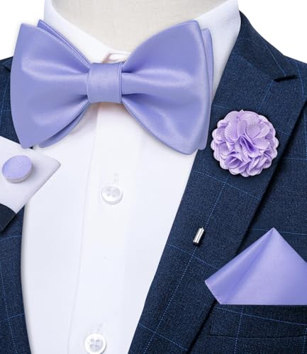 Image of DiBanGu Solid Color Bow Ties for Men Formal Satin Self Tied Bowtie with Lapel Pin Pocket Square Cufflinks for Wedding Party