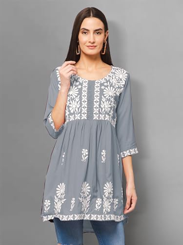 Image of Winza Designer Rayon Chikankari Embroidered Short Kurti | Plus Size Kurta Tunic Top