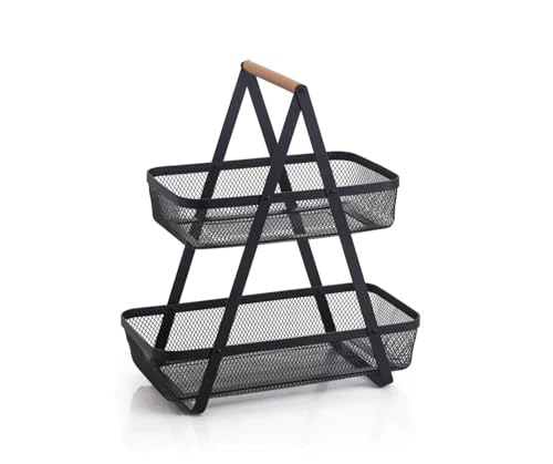 Trendi 2 Tray Fruit Stand Fruit Bowl, 2-Tier Mesh Fruit Basket with Wooden Handle, Fruit Bowl, Bread Basket, Vegetable Bread Basket, Modern for Kitchen Decoration, Vegetables, Fruits, Snacks - Image 4