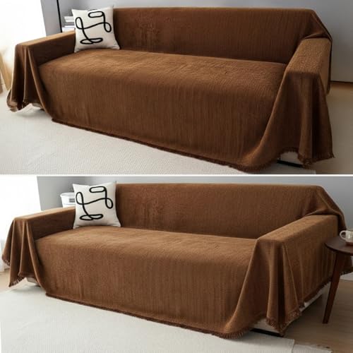 Image of The Furnishing Tree Reversible Double Sided Chenille Throw Sofa Cover, Anti-Slip Couch Cover, Comfy Sofa Towel for All Seasons, 3 Seater, herringbone woven texture Rust Brown