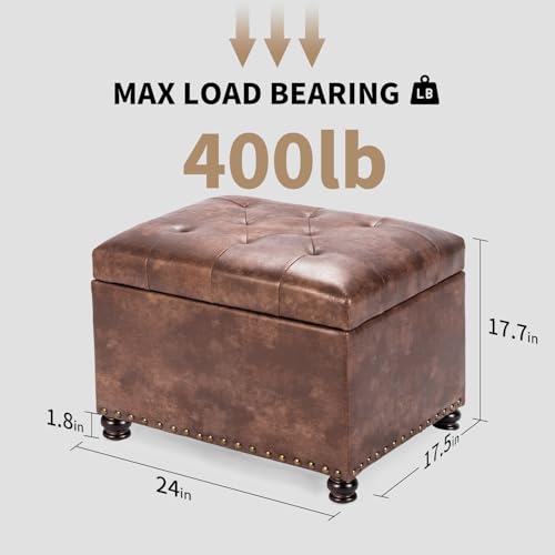 Image of Joveco Leather Storage Ottoman, 24 inch Rectangle Tufted Square Upholstered Bench, Foot Rest Stool with Wood Legs, Footstool for Living Room Bedroom, Coffee