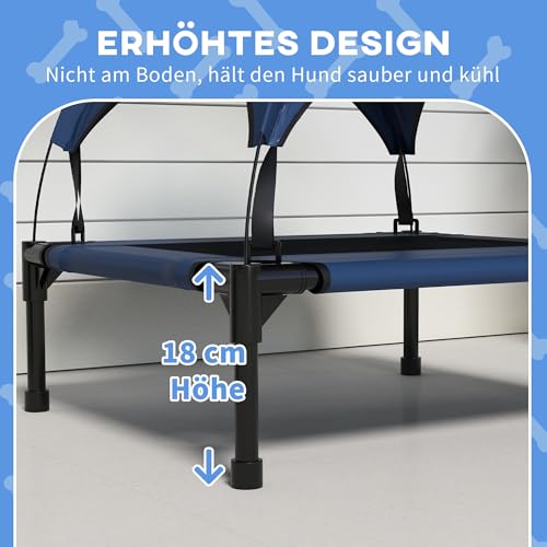 PawHut Erhöhtes Hundebett mit Baldachin, Haustierbett, Outdoor Hundeliege mit Dach, Atmungsaktiv, für kleine und mittelgroße Hunde Dunkelblau Oxford 76 x 61 x 69,5 cm