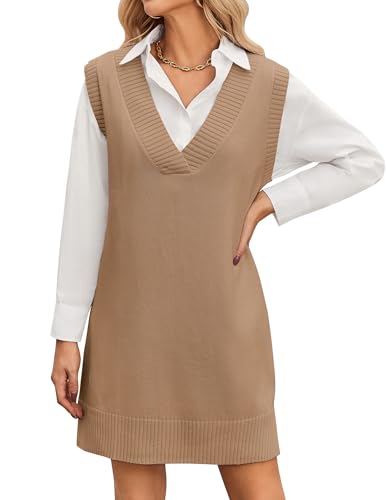 Zeagoo Pullunder Kleid Damen Strick Vest Kleid Strickkleid Ärmellos V-Ausschnitt Sweater Kleid Weiches Knielang Elegant Herbstkleid Winterkleid Büro Freizeit Layering Outfit Hell Braun S