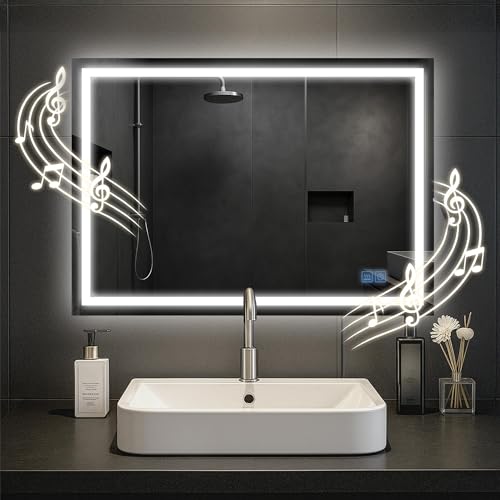 CLP Espejo de baño Jaffrey, Altavoz Bluetooth, antivaho, Espejo de Pared con iluminación LED, Regulable, 3 Modos de luz, Tamaño: