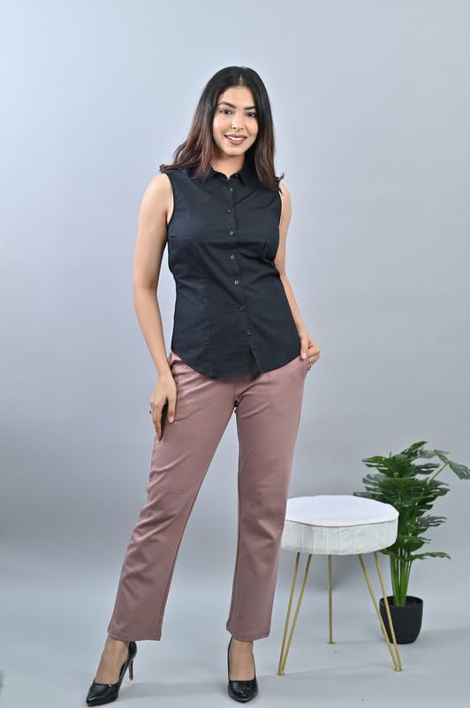 Image of Mlada Straight Fit Cigarette Pencil Pants Elastic Waist Band Mid High Waist Formal Office Trousers for Women, Pockets for Travel Stretch Cotton Knit Full Length Regular /Plus Size