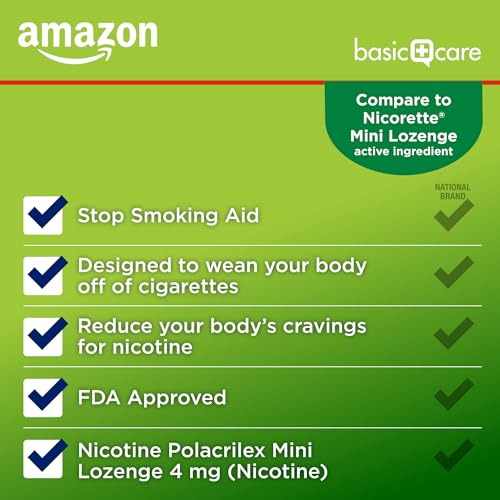 Image of Amazon Basic Care Nicotine Polacrilex Mini Lozenge, 4 mg (Nicotine), Stop Smoking Aid, Mint Flavor, 216 Count, 8 Pack of 27
