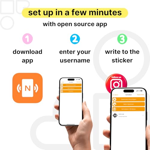 1x Instagram „follow us“ NFC Sticker – internationaler Social Media Sticker – kontaktloses Profil-Sharing für Festivals, Studenten & Reisende – programmierbar, wiederverwendbar, 3 cm Ø Epoxy