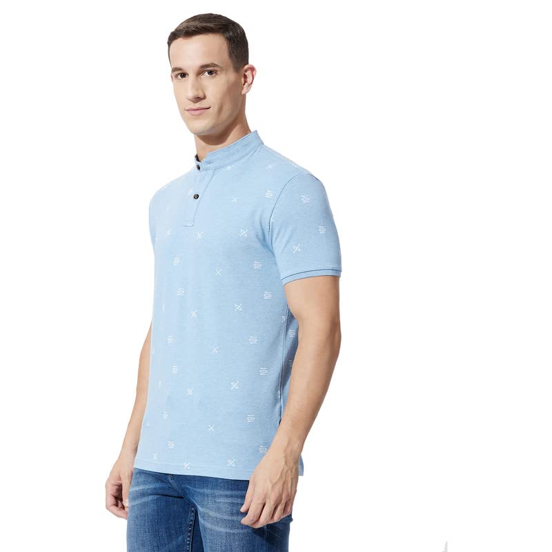 Image of FAHRENHEIT Men's Regular Poly Cotton Canoe Print Stand-Up Collar Polo T-Shirt