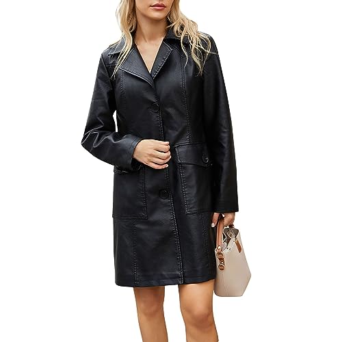 Générique Veste en Simili Cuir Femme Manteau Mi-Long à Revers Manches Longues Mode Biker Grandes Tailles Automne Hiver Blouson Casual Avec Poches Chic...