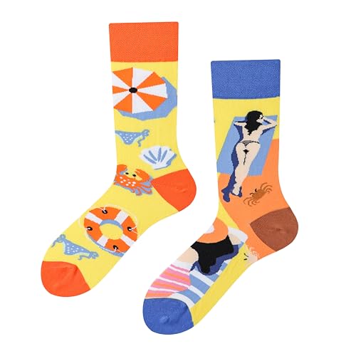 NxnChc Lustige Socken Für Damen Und Herren Unisex Viele Strand-Bikini Motive Tier Essen Obst Sport Kunst Aus Baumwolle Geschenk Asymmetrische Muster Links Und Rechts