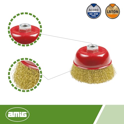 Amig - Muffenbürste Mod. 35210 | 100 x 0,3 x 28 mm | Vermessingter Stahldraht | Mit M14-Gewindehülse | Für große Flächen im Kesselbau |Verwendung mit Handwerkzeugen
