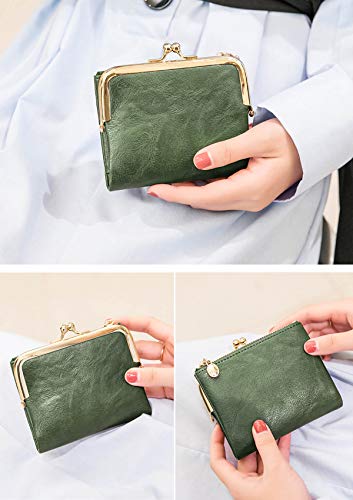 Pofee Womens Wallet Rfid Small Compact Bifold Leather Vintage Wallet,Ladies Coin Purse With Zipper And Kiss Lock (Green) #TOP2