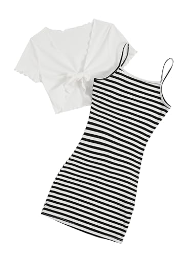Image of OYOANGLE Girl's Striped Print Cami Dresses and Short Sleeve Knot Tie Front Top Sets 2 Pieces Outfits
