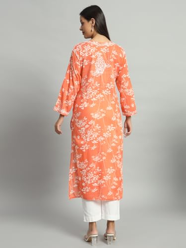 Image of Bilal Handicrafts Women's Lucknowi Chikankari MUL Cotton Straight Kurti | Floral Embroidered Calf Length Kurta | Sizes 36-46 | Orange