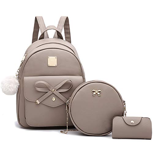 I IHAYNER Girls Bowknot 3-Pieces Fahsion Leather Backpack Backpack Purse for Women Rucksack for Ladies Shoulder Bag Dark Apricot