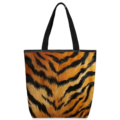 Animal Tiger Print Canvas Tote Bag for Women Large Tote Bag with Zipper & Pockets Canvas Beach Bag Shoulder Bag Reusable Shopping Bags Cute Tote Bags for Work Travel