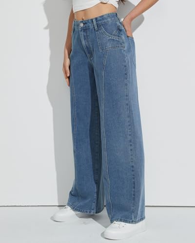Mid Rise Wide Leg Jeans for Women Loose Front Seam Straight Leg Boyfriend Denim Pants Trendy2