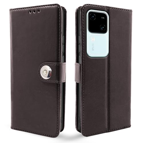 Image of Pikkme Vivo V30 5G Flip Cover Leather Finish | Inside TPU with Card Pockets | Wallet Stand and Shock Proof | Complete Protection Button Flip Case (Coffee)