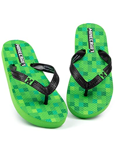 Minecraft Creeper Flip Flops Sandalen Kinder | Jungen Mädchen Grün Block Pixel Spiel Slider | Kinder Teenager Villain Sommerschuhe