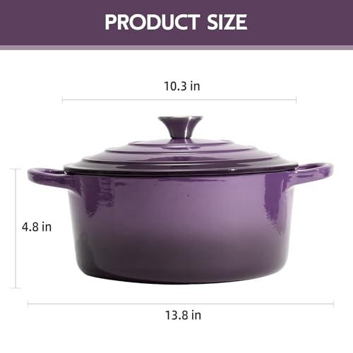 Image of Dutch Oven Enameled Cast Iron with Lid - Big Dual Handles - Oven Safe up to 500F - Classic Round Pot for Versatile Cooking (Purple, 6 QT)