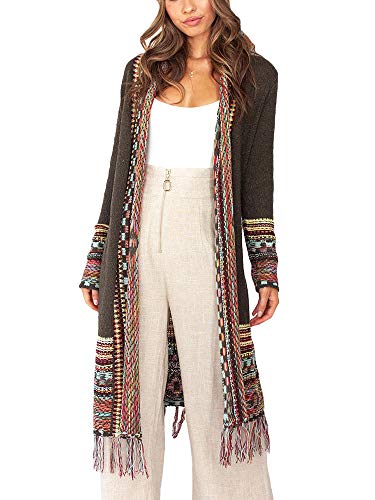 Misassy Womens Boho Open Front Long Cardigans Sweater Loose Long Sleeve Embroidery Tassels Kimono Duster Outwear