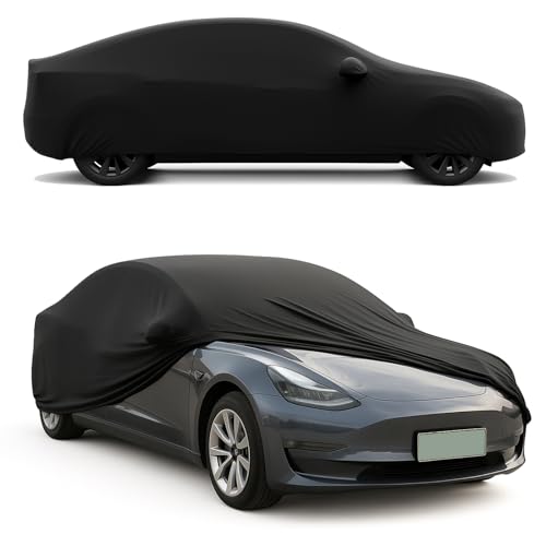 Favoto Staubdichte Autoabdeckung für Tesla – Atmungsaktive Stretchabdeckung mit Ladeanschluss-Innenschutz Ideal für den Innenbereich und Tiefgarage (Schwarz, Passend für Tesla Model3(2016-2025))