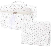 Hyfant 2Pcs Floral Quilted Makeup Bag Set Coquette Makeup Bags Large Cotton Cosmetic Bag Cute Makeup Bag with Bow Pattern Portable Travel Toiletry Bag For Women