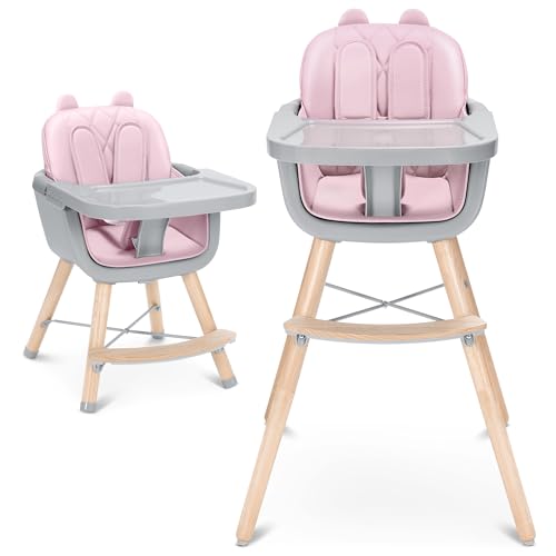 Image of 3-in-1 Baby High Chair, Convertible Wooden High Chair for Babies and Toddlers with Adjustable Legs & Dishwasher Safe Tray, Sleek Beech & Premium Leather (Pink)