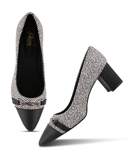 Image of JM LOOKS Professional Textured Block Heel Pumps with Metallic Buckle Accent and Modern Two-Tone Cap Toe Design