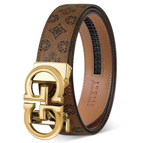 Image of ITIEZY Ratchet Belts for Men - Leather Click Belt for Casual Dress 1 3 /8 inch, Mens Adjustable Belt Trim to Fit