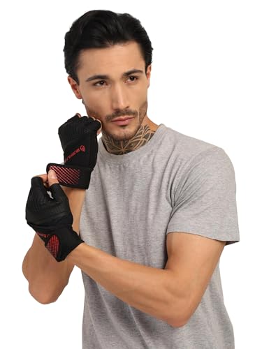 Image of BURNLAB Flex Wirst Support Gym Gloves for Men and Women - Ideal for Weightlifting, Cycling, Crossfit, Offers Good Grip and Soft Padding (Black & Red, XL)