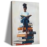 African American Books Wall Art Black Girl Painting Vintage Woman Reading Book Prints Moody Victorian Posters Modern Black Woman Female Portrait Pictures Library Book Lover Canvas Wall Decor Framed
