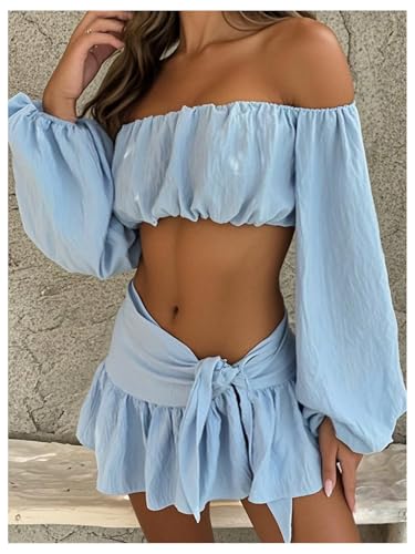 SOLY HUX Women's Skirt Sets 2 Piece Outfits Off The Shoulder Bishop Long Sleeve Crop Tops and Bow Tie Ruffle Mini Skirt4