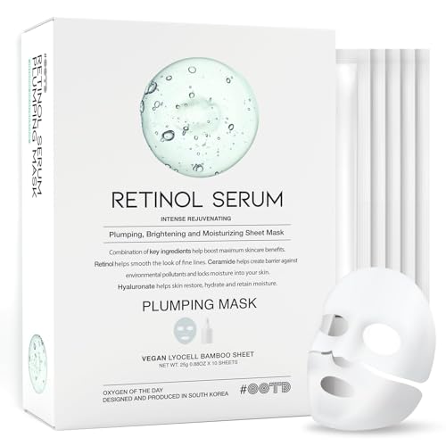 Rejuvenating Retinol Sheet Mask Korean Vegan Wrinkle Lifting, Plumping and Moisturizing Sheet Mask, Retinol, Ceramide, Hyaluronate 10EA