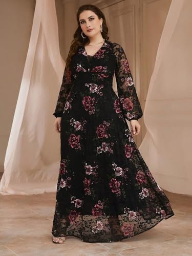 Image of Spring Summer 2024 Plus Size Womens Dresses V Neck Casual Elegant Long Sleeve Floral Print Maxi Dress