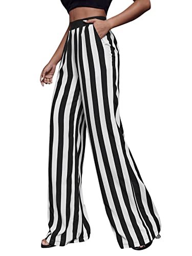 SweatyRocks Women's Striped Extra Long High Waited Wide Leg Pants Loose Casual Trousers with Pockets4